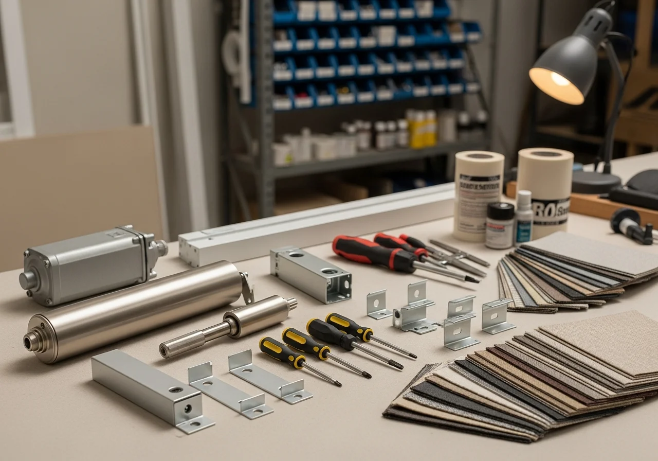 Professional window treatment installation tools and motorized shade hardware displayed on a work surface.