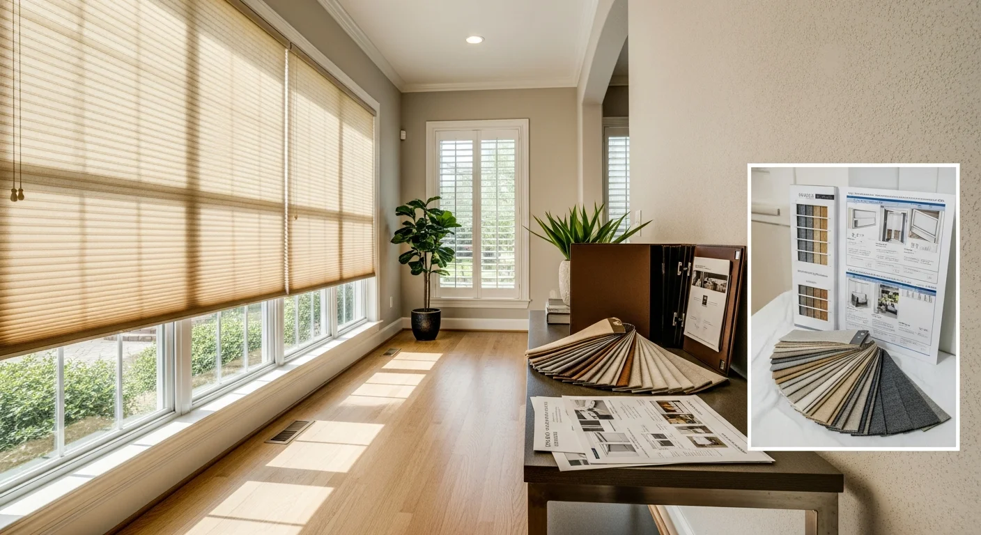 Interior designer consulting with homeowner about window treatment options