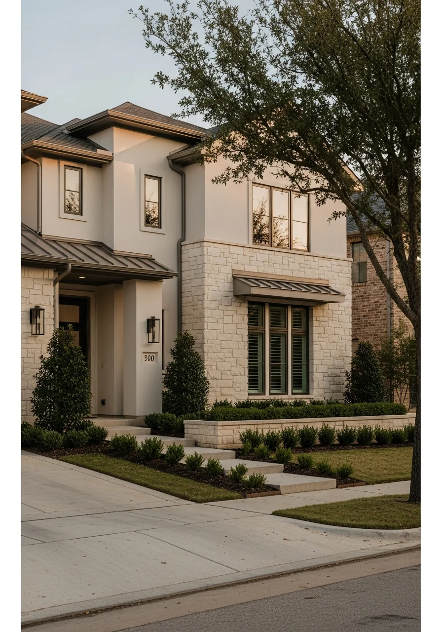 Modern Dallas home exterior with contemporary landscaping and clean lines typical of newer residential developments.