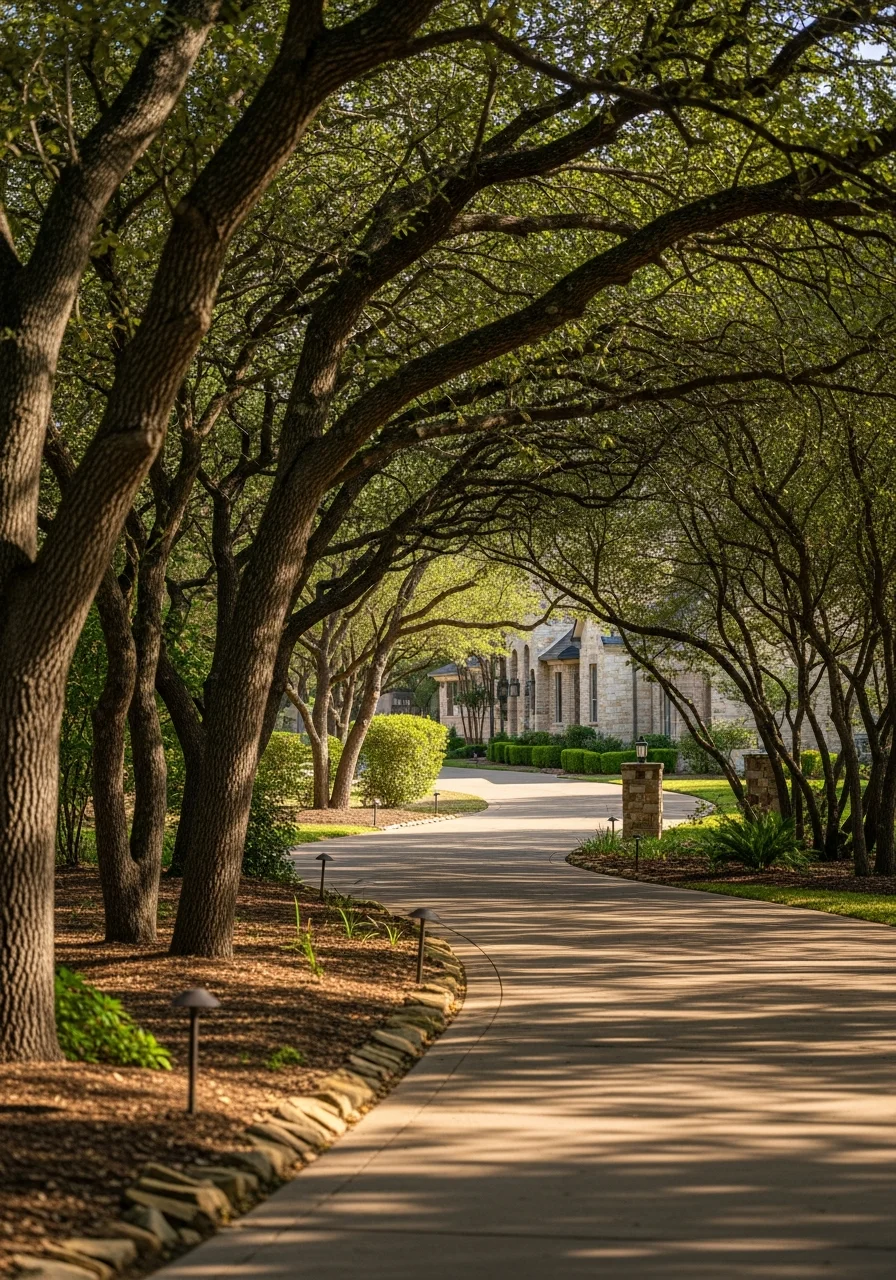 Flower Mound property with tree-lined driveway and lush natural surroundings typical of the community.