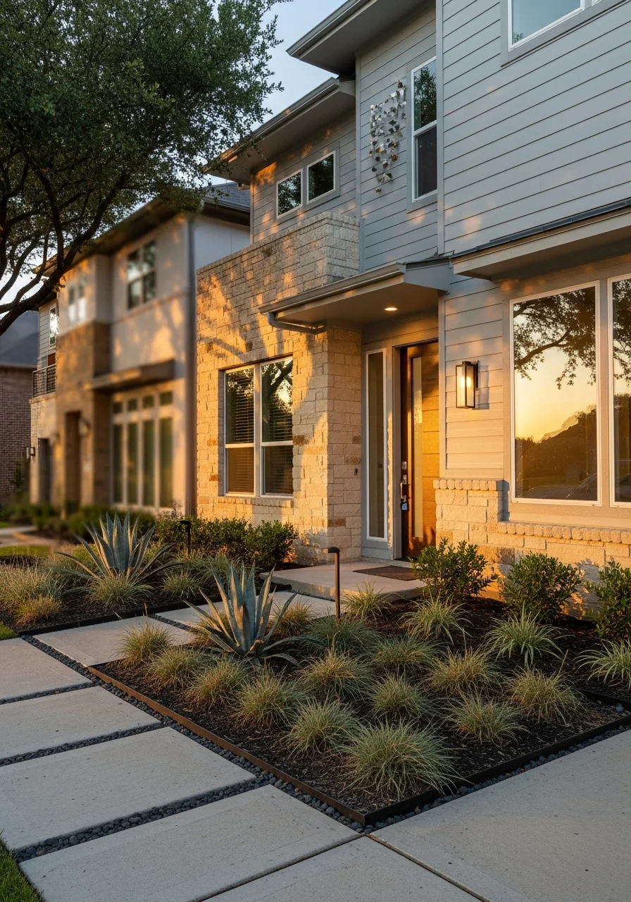 Modern Frisco home facade with updated exterior finishes and professional landscape design.