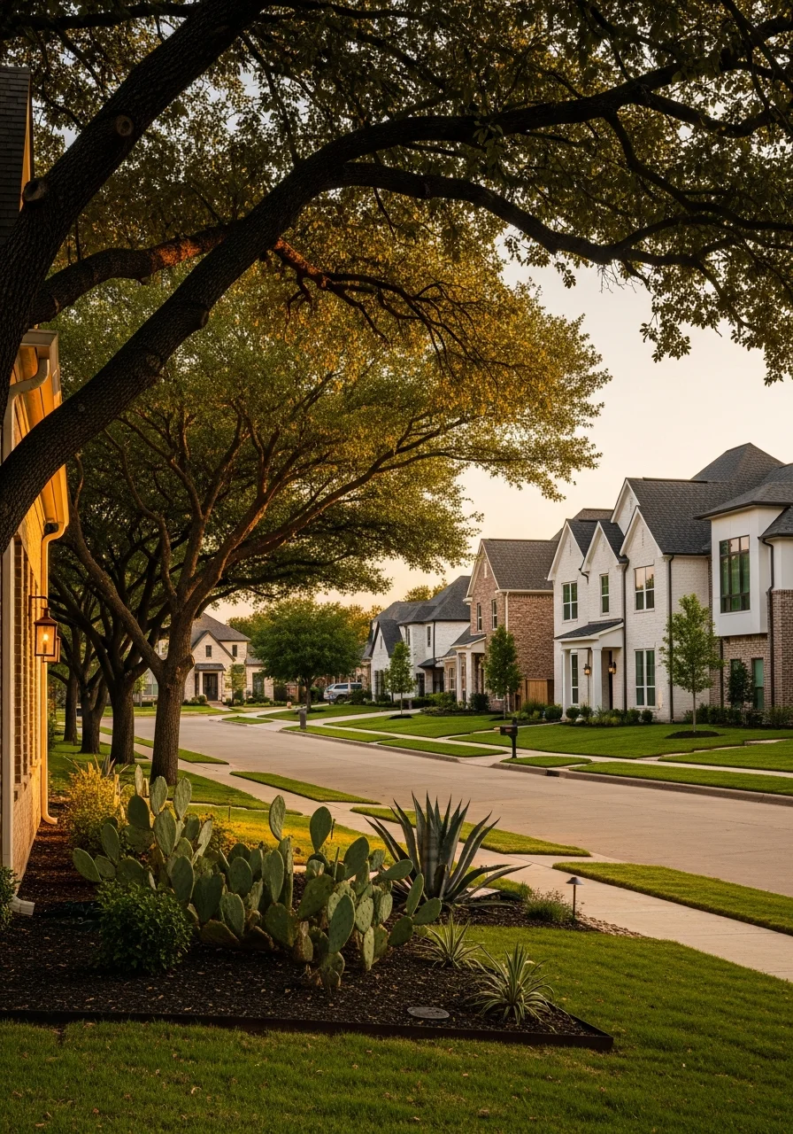 McKinney residential street with varied architectural styles and mature landscaping.