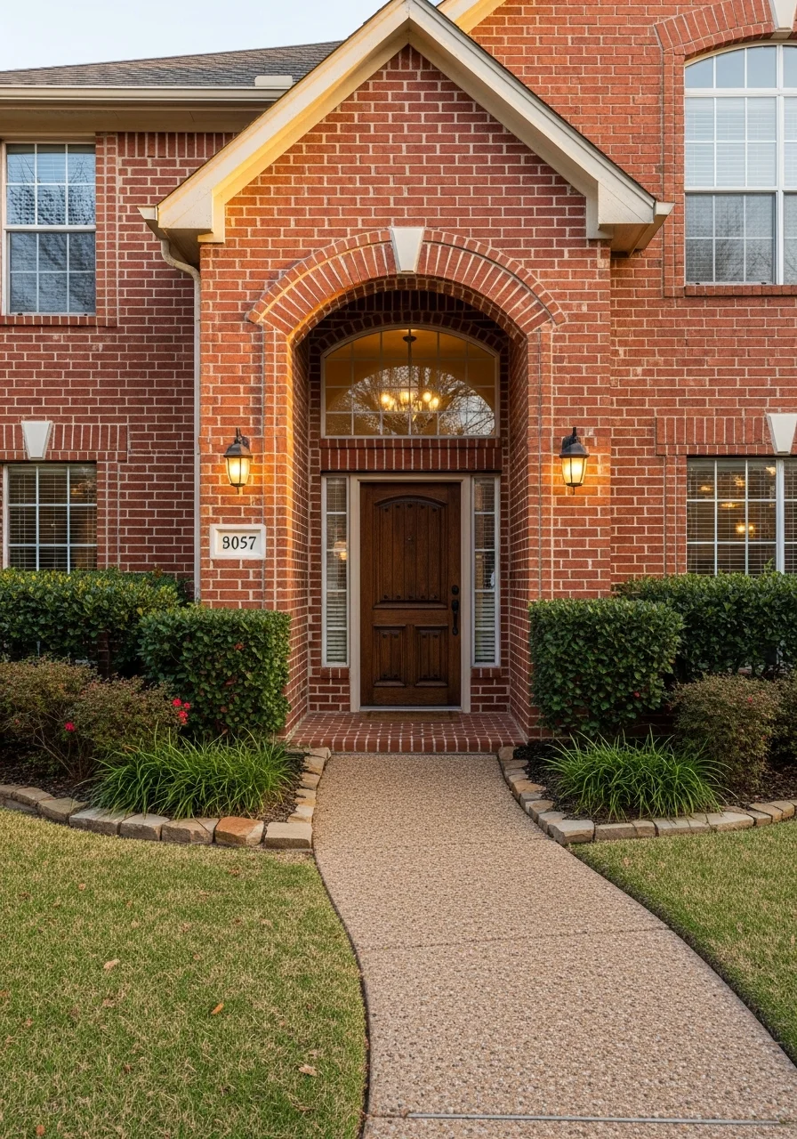 Close-up of a Waxahachie home's front entrance with traditional brick facade and welcoming landscaping.