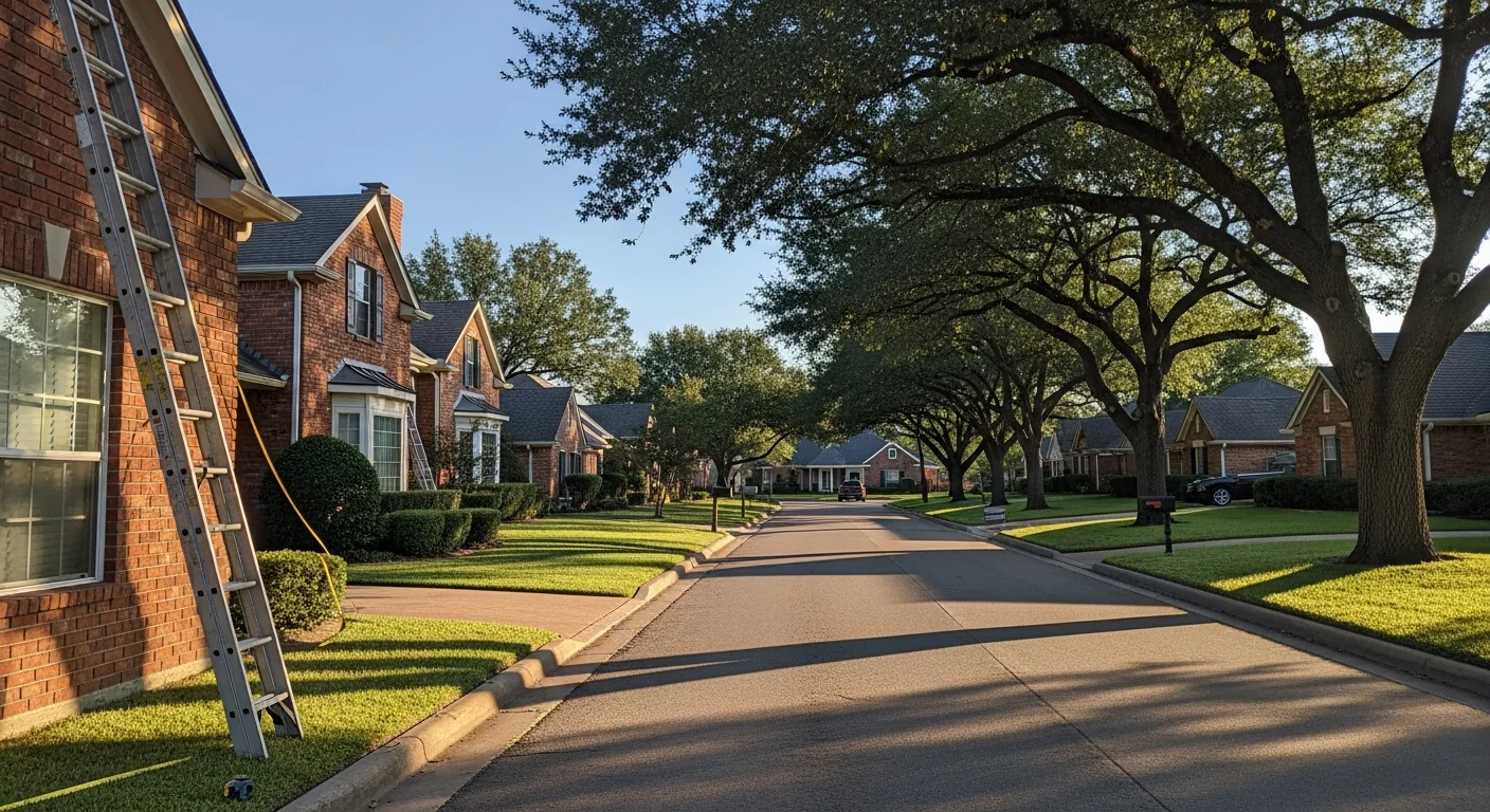 Tree-lined residential street in Waxahachie with well-maintained homes and manicured lawns under clear Texas sky.
