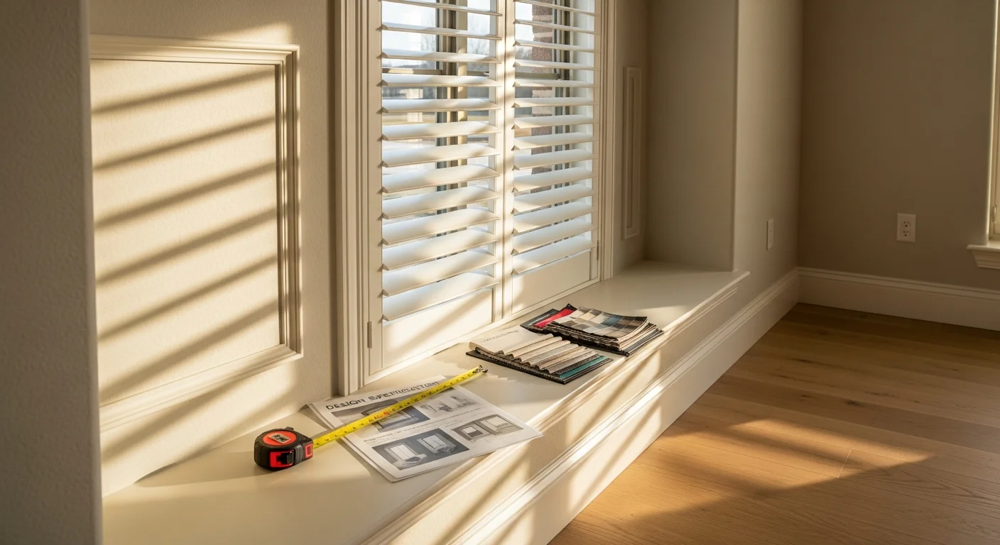 Custom wood shutters installed on large windows inside a Waxahachie home, with louvers partially open to filter bright North Texas afternoon sunlight. The shutters are painted white and fitted precisely to the window frame in a traditionally styled living room.