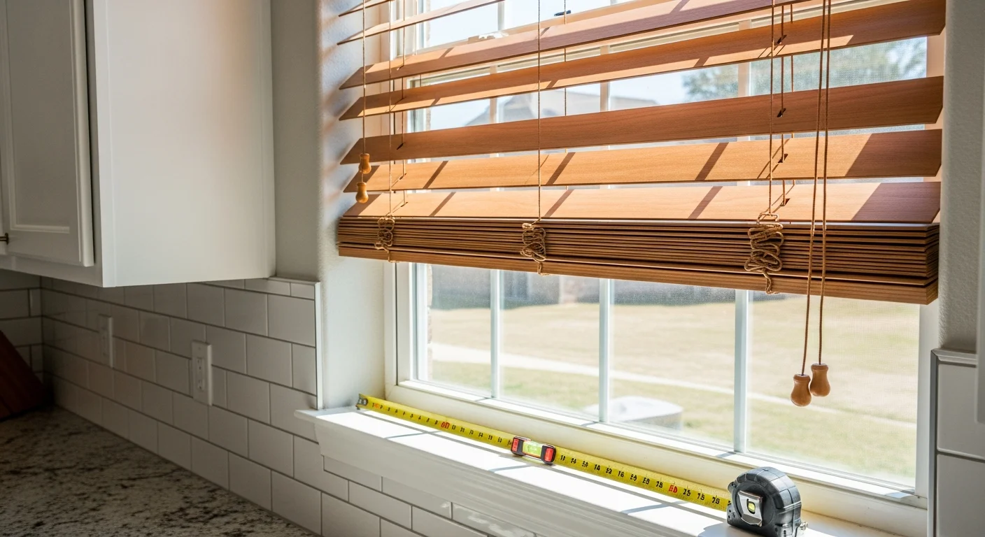 Freshly installed faux wood blinds on a sun-facing window inside a Waxahachie home, with slats tilted to filter afternoon light into the living room. The blinds show even alignment and a clean wood-tone finish against a neutral interior wall.