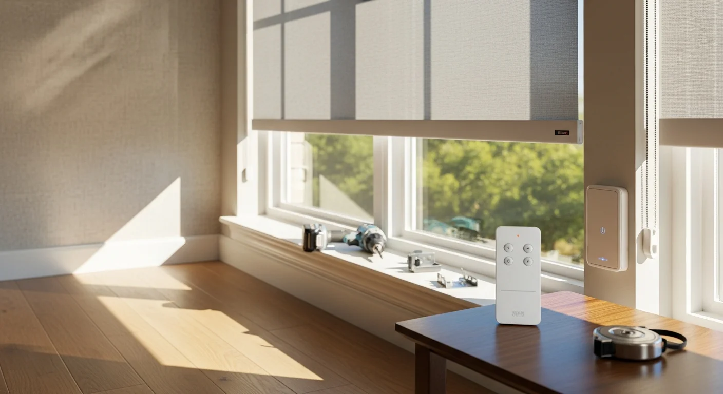 A Waxahachie living room with newly installed motorized blinds fully lowered on a large sun-facing window, remote control resting on the windowsill. Clean window frame with no visible cords, afternoon light diffused evenly across the room.