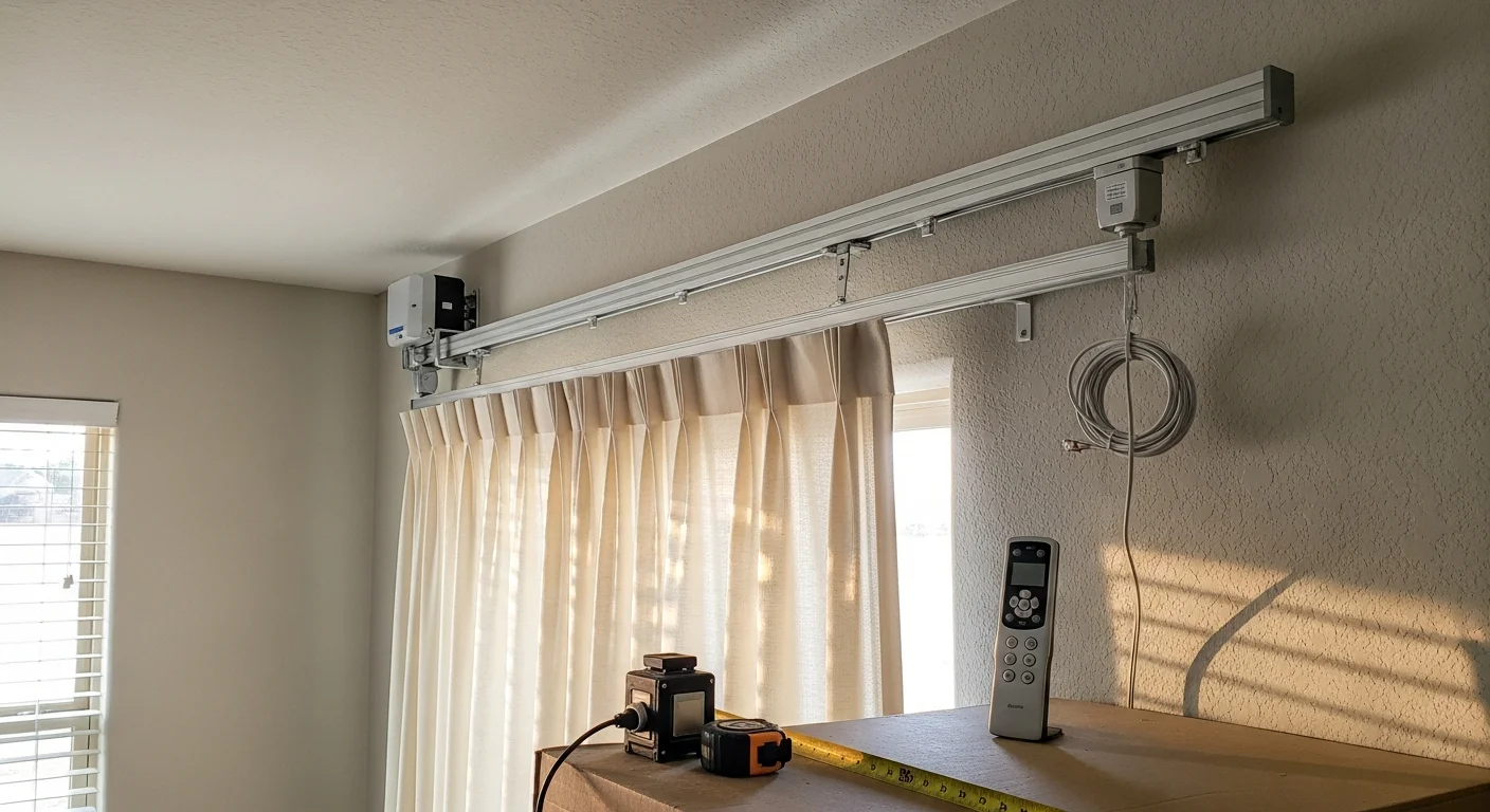 A motorized curtain track mounted to the ceiling of a Waxahachie living room, with full-length curtain panels in the closed position blocking afternoon sunlight through a large west-facing window. The remote control rests on a nearby side table, showing the installed system ready for daily use.
