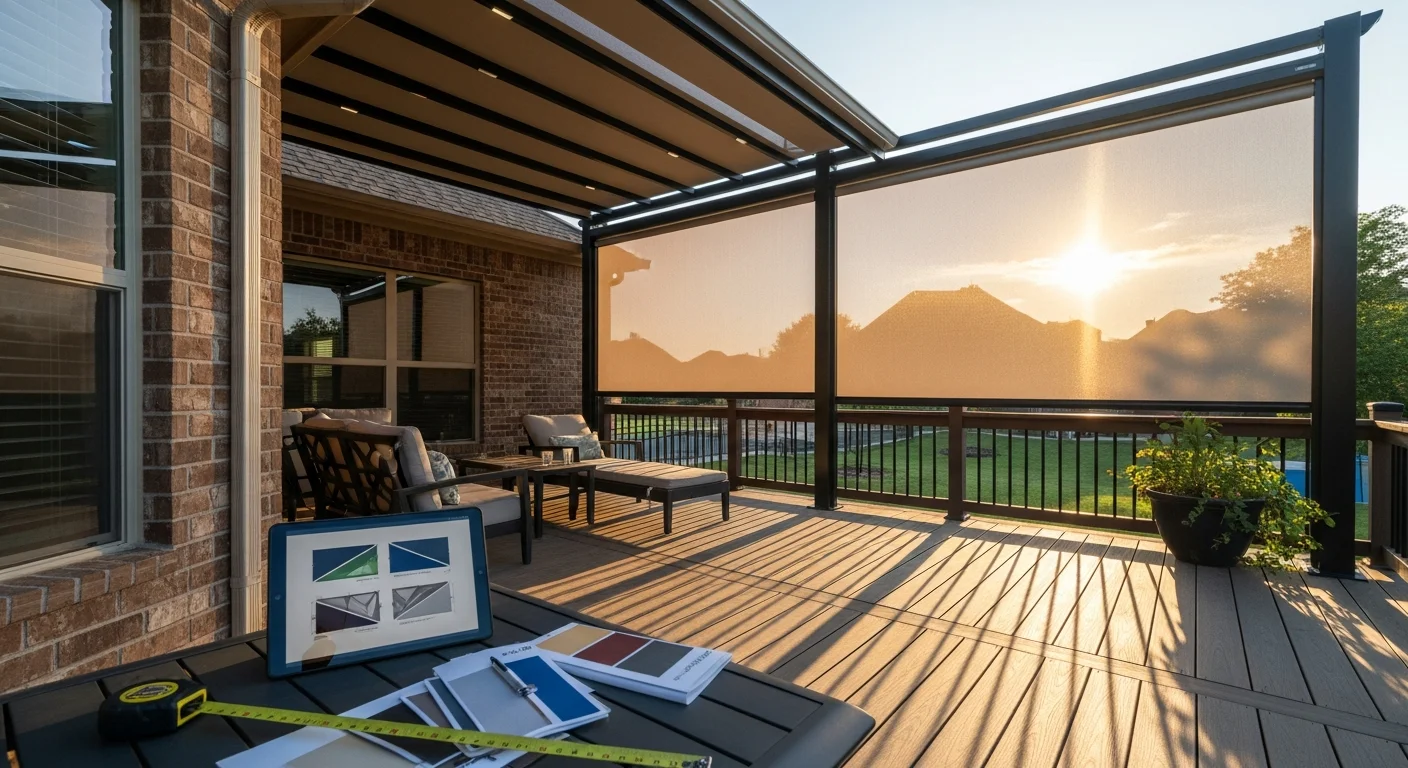 A Waxahachie home patio with structured outdoor shade coverage blocking afternoon sun over a seating area. The shade solution is fitted to the home's exterior, showing a clear reduction in direct sunlight on the deck surface below.