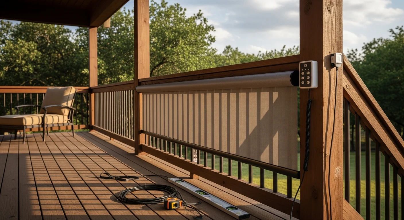 A professionally installed patio shade structure covering an outdoor seating area at a Waxahachie, Texas home. The structure blocks direct afternoon sun over a concrete patio with outdoor furniture visible underneath.