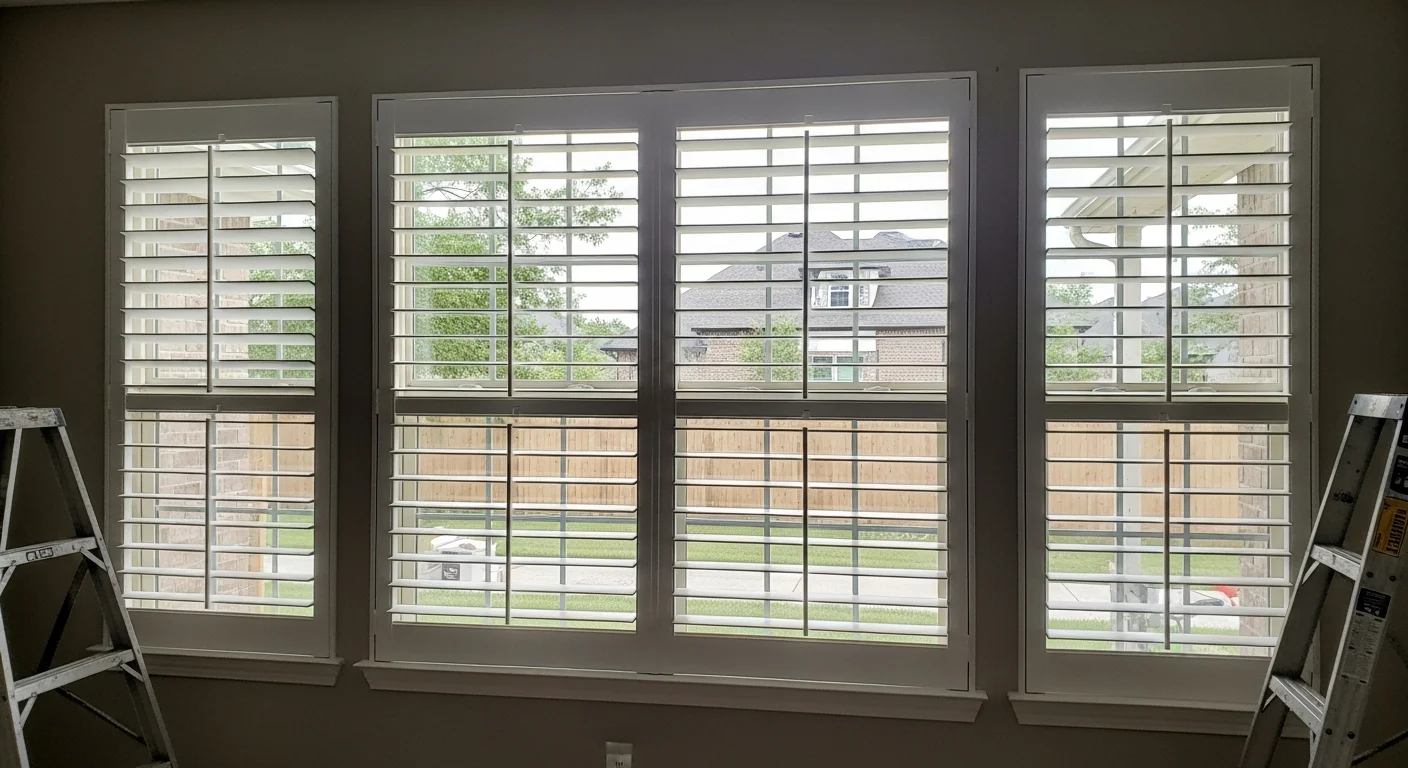 Freshly installed white plantation shutters on a sun-facing window inside a Waxahachie home, with louvers tilted to filter afternoon light into the living room. The panels sit flush against the window frame with no visible gaps.