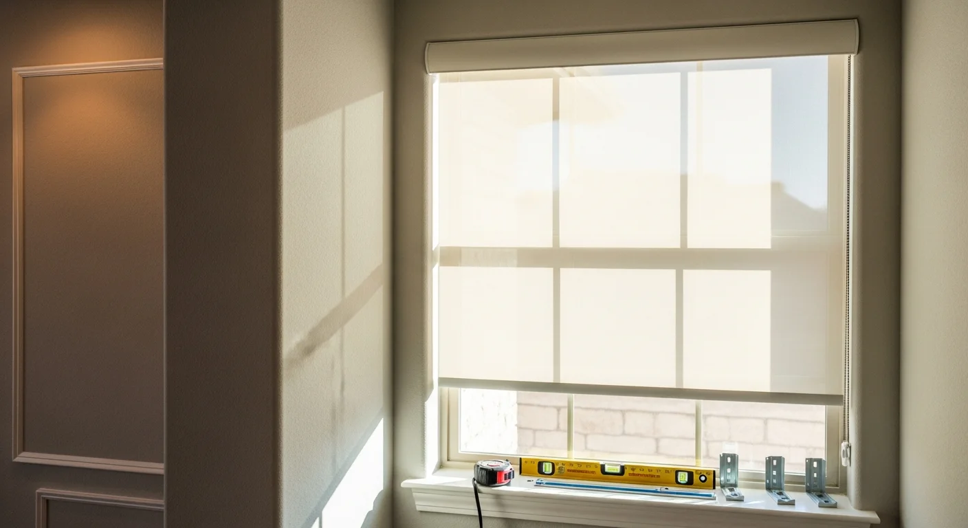A freshly installed roller shade on a large living room window in a Waxahachie home, shown in the lowered position with afternoon sunlight filtered through a light-filtering fabric. The window frame is clean and the shade sits flush with the casing on both sides.
