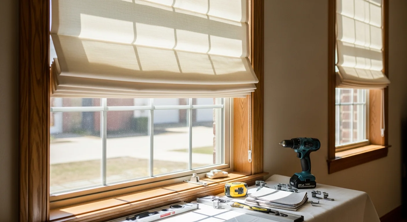 A set of neatly folded roman shades installed on a large living room window in a Waxahachie home, with fabric panels sitting flat and even in the lowered position. Afternoon light filters softly through the fabric, showing clean horizontal folds and a precise fit within the window frame.