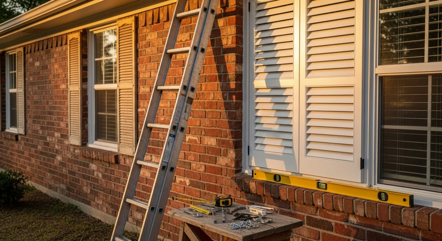 A Waxahachie residential home exterior showing freshly installed window shutters fitted cleanly against the facade. The shutters are evenly aligned on both sides of the window with no gaps or warping visible.