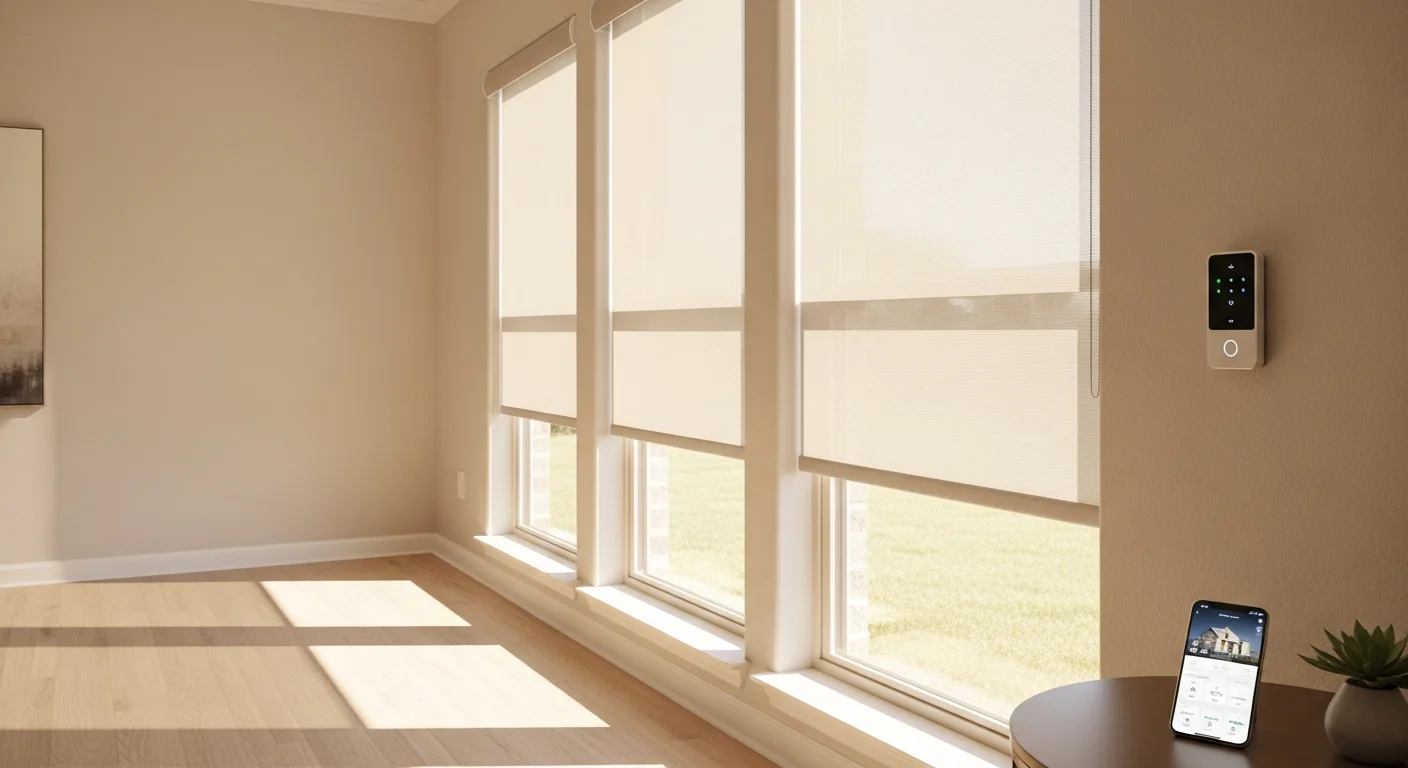 Motorized roller shades on large living room windows in a Waxahachie home, shown in a partially lowered position with afternoon sunlight filtered through the fabric. A wall-mounted control switch is visible to the left of the window frame.