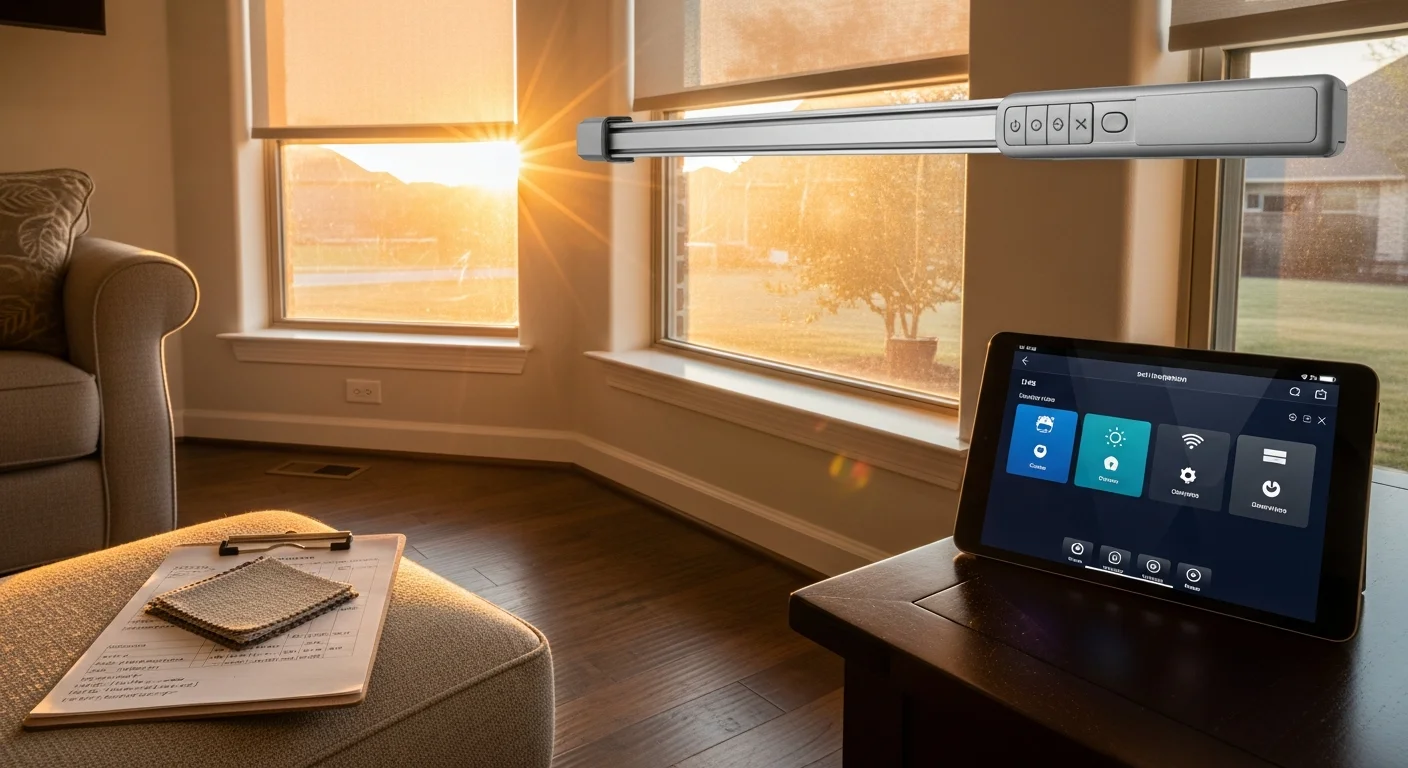 A Waxahachie living room with motorized roller shades partially lowered on large south-facing windows, showing diffused afternoon light and a view of a Texas residential backyard. A tablet on the coffee table displays an open smart home shade control app.