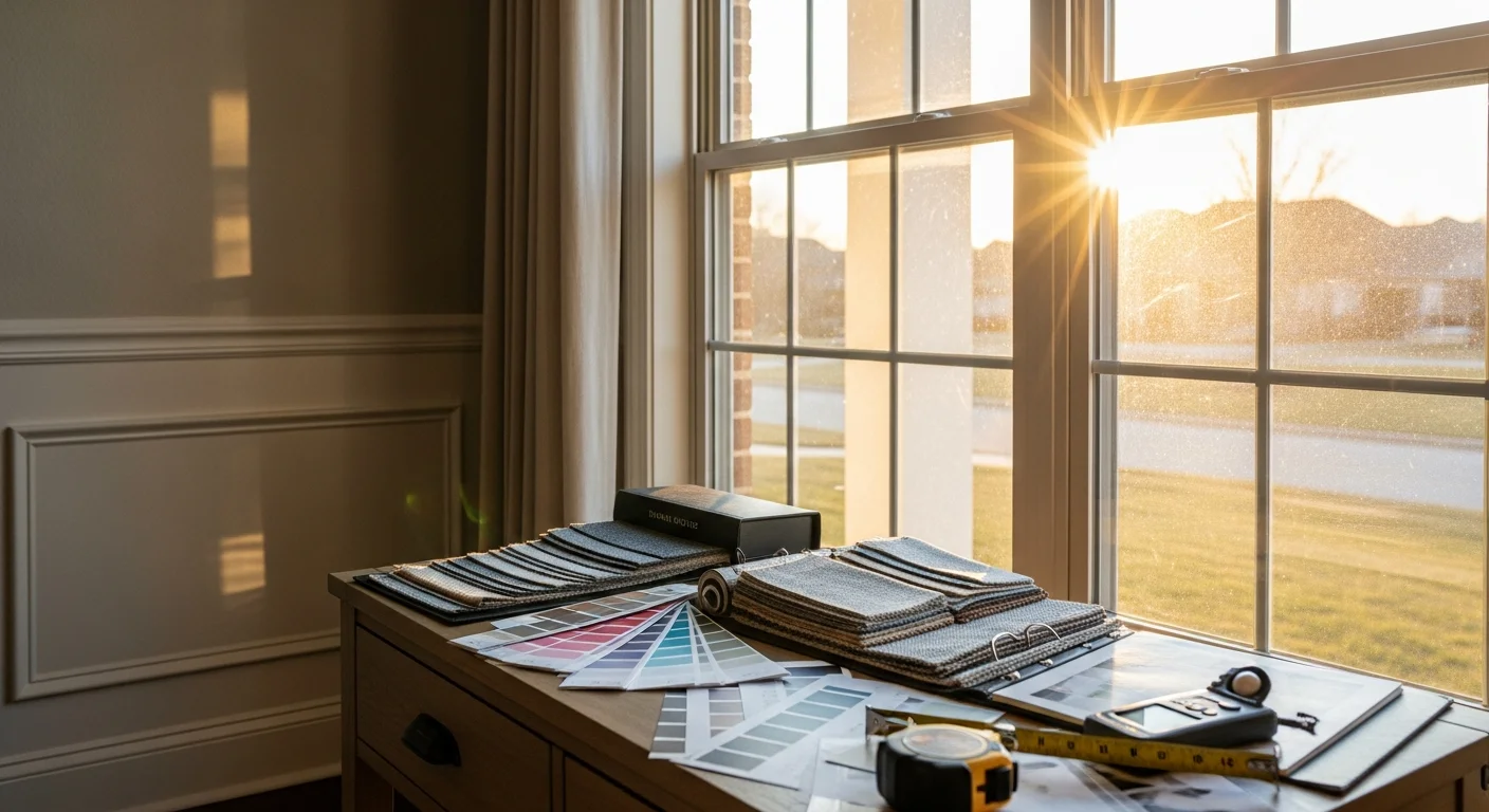 A Waxahachie living room with large windows dressed in fitted window treatments that block afternoon sun while keeping the room bright. A sole proprietor consultant reviews window measurements and coverage options with a homeowner during an in-home design consultation.