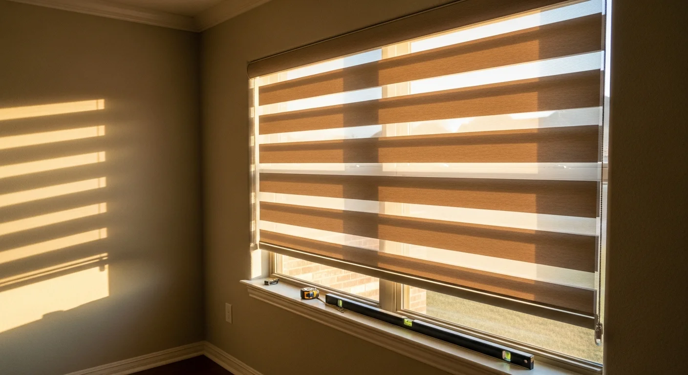 Zebra shades installed on a sun-facing window inside a Waxahachie home, with alternating sheer and solid fabric bands partially aligned to filter afternoon light. The window shows an inside mount installation with the shade rolled smooth and level against the frame.